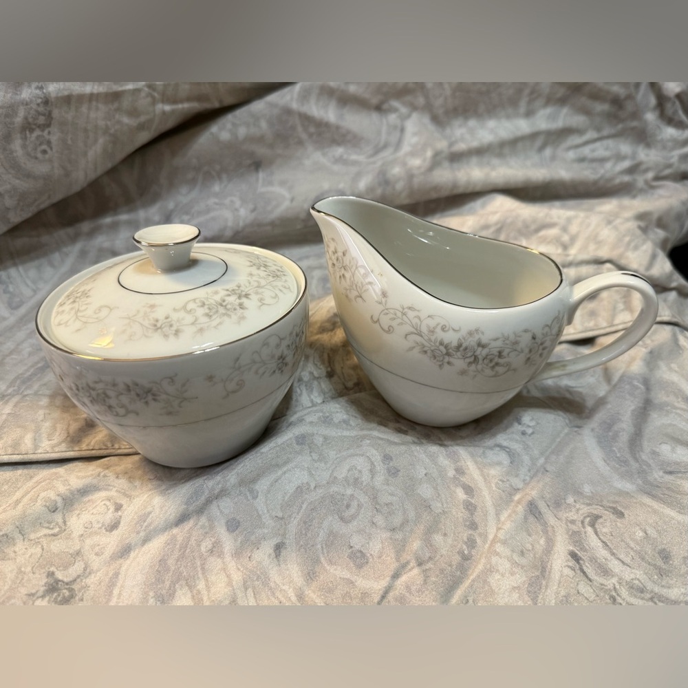 Vintage Camelot 1315 Japan Elegant White & Silver Floral Sugar and Creamer Set